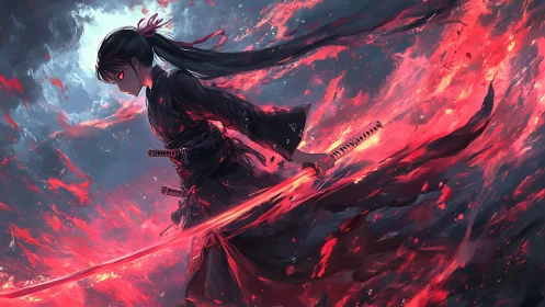 Fiery anime swordswoman cutting through storm of embers.