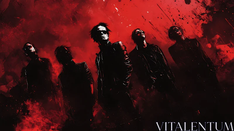 Silhouetted rock band in red noir splatter digital painting
