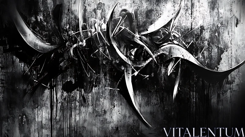 Monochrome abstract metallic arcs on textured wall surface.