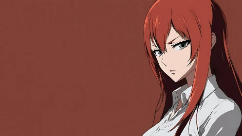 Red haired anime woman against flat muted brown backdrop.