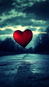 Red heart balloon rises against stormy sky.