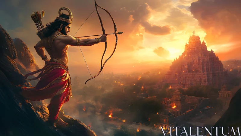 Warrior archer aims bow toward fortified temple city at dusk.