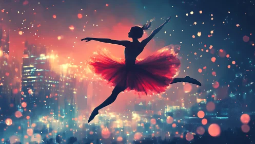 Ballerina silhouette soars above neon city night skyline.