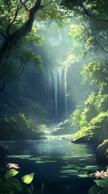 Forest Waterfall with Aquatic Vegetation and Canopy Lighting