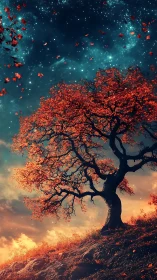 Crimson leaves drift upward while the lone hilltree salutes stars