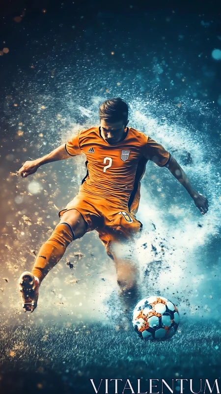 Soccer striker blasts ball through kinetic color storm.