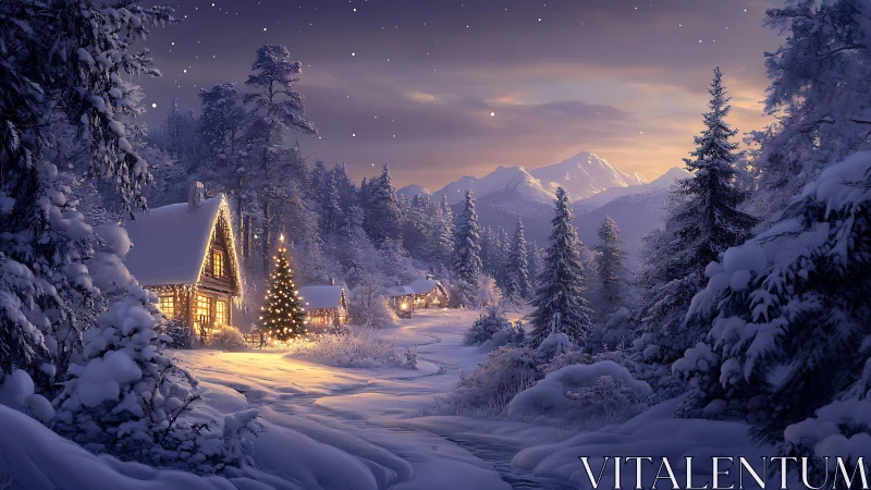 Winter lights whisper over snowy cabins and starlit pines.