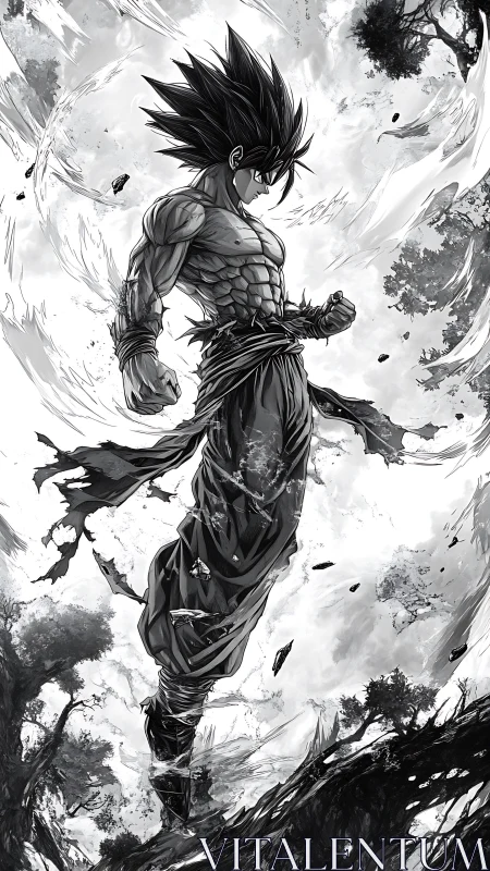 Monochrome anime warrior powering up in shattered sky scene.