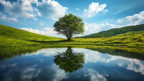 Lone tree reflects in tranquil pond under vivid summer sky.