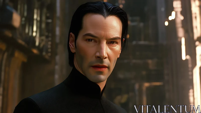 Stoic cyber hero stands in warm industrial corridor.