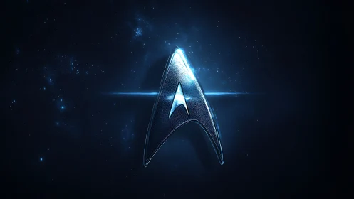 Metallic sci fi delta emblem glows in deep blue space