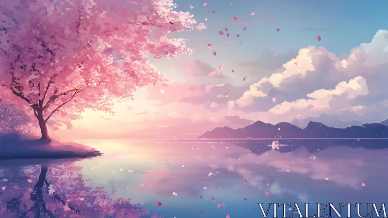 Atmospheric cherry shoreline under luminous pastel sunset.