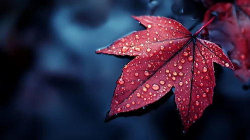 Red maple leaf holds glistening raindrops over dark water