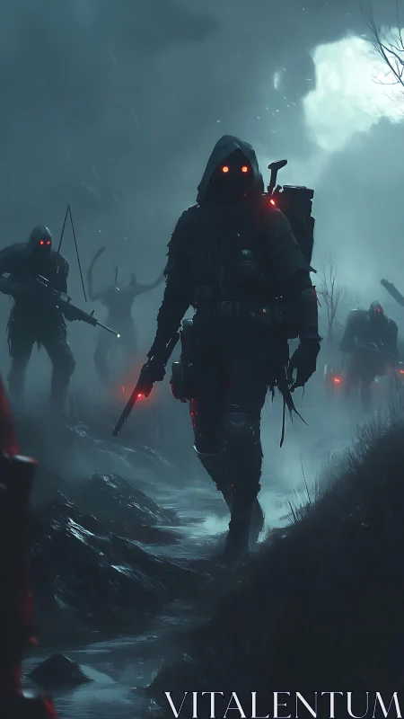 Hooded soldiers advance through toxic misted marshland.