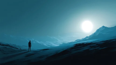 Solitary figure surveys frozen basin under overexposed sun