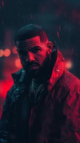 Neon stormwalker broods beneath crimson city rainfall.