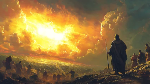 Hooded figures watch blazing sky over distant cityscape.