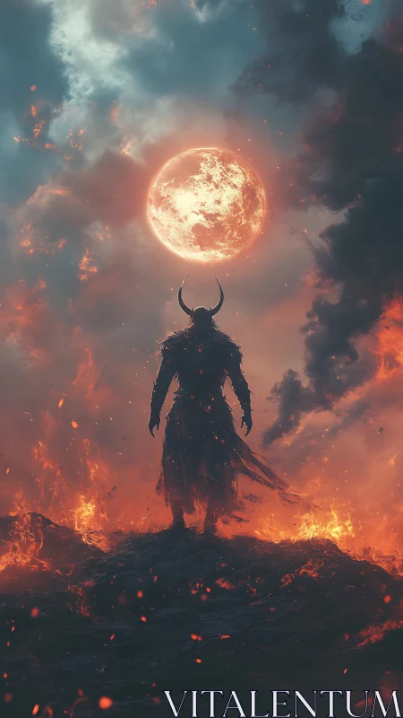 Horned shadow strides beneath a bleeding lunar inferno