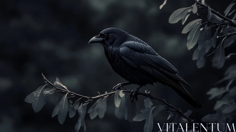 Black bird perched on branch with foliage in muted lighting conditions.