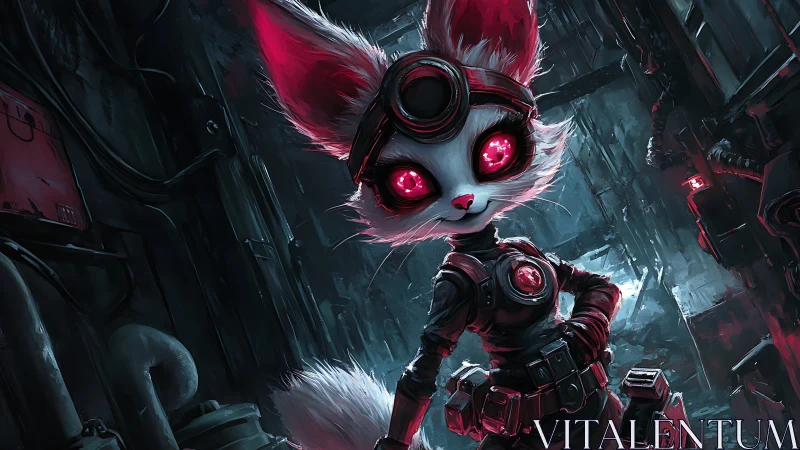 Neon-eyed fox engineer patrols a dripping cyberpunk corridor