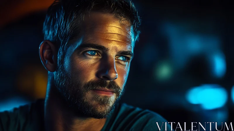 Photorealistic low-key male portrait with cyan bokeh highlights.