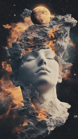 Celestial stone visage dreams beneath a blazing cosmic storm