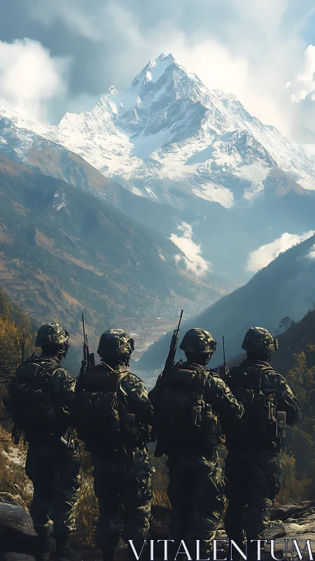 Armed patrol observes alpine valley beneath snowbound summit