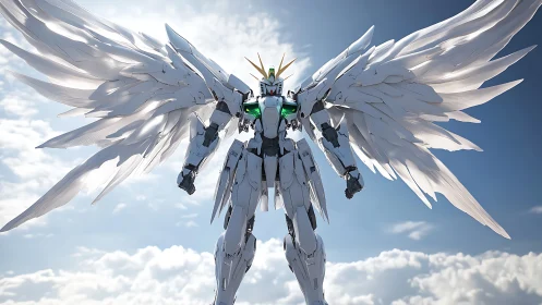 Winged mecha sentinel dominates high-altitude cinematic sky