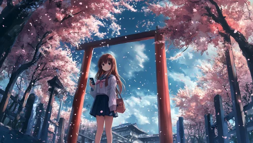 Spring shrine pathway frames schoolgirl under dynamic cherry blossoms