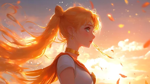 Sunlit anime heroine stands in golden wind at sunset.