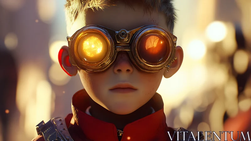 Boy with molten-sun goggles quietly studies a blazing future