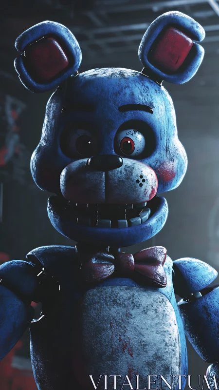 Grinning blue animatronic bunny under eerie arcade glow.