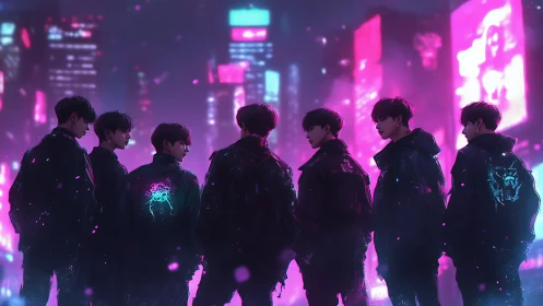 Neon-clad youth collective under cyberpunk city glow.