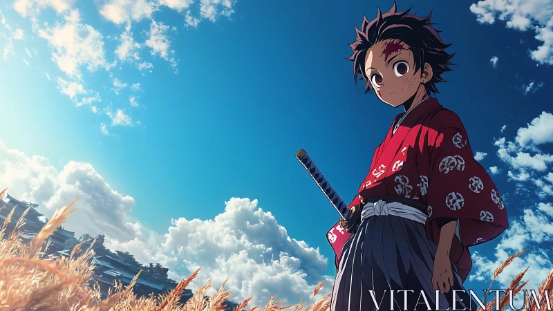 Anime swordsman standing in wheat field under blue sky.