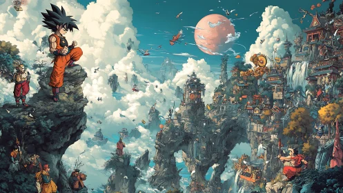 Anime fantasy citadel with heroic figures on clouded cliffs.