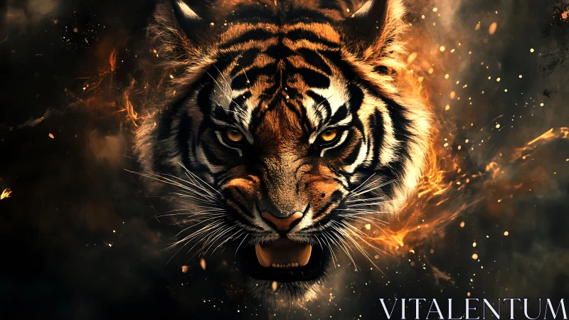 Roaring tiger portrait merges fiery particle effects and shadow