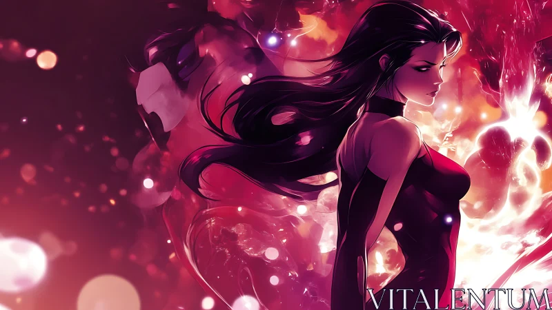 Storm-lit sorceress strides through molten nebula light