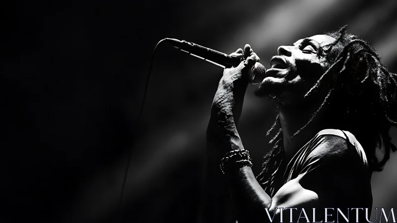 High-contrast monochrome vocalist under directional stage beam.