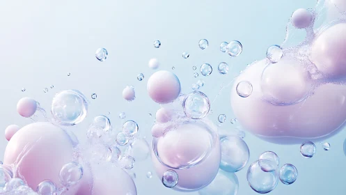 Soft pastel spheres and transparent bubbles in fluid space.