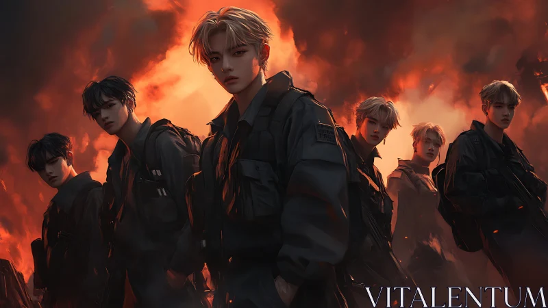 Paramilitary youth squad under cinematic inferno sky.