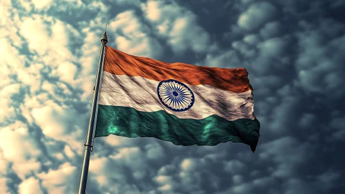 Indian national flag waves on pole against cloudy sky