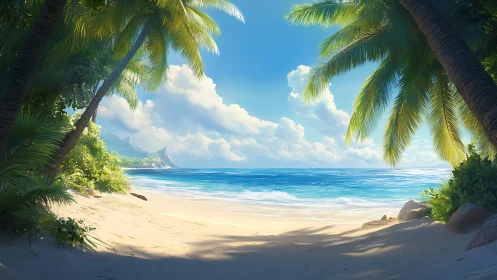 Tropical Beach Cove Framed by Palm Trees.