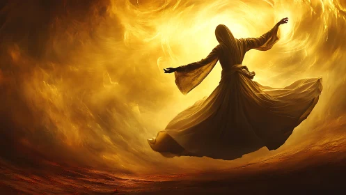 Veiled dancer swirling through a blazing celestial vortex.
