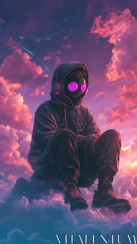 Hooded neon-eyed figure levitates over iridescent sunset clouds