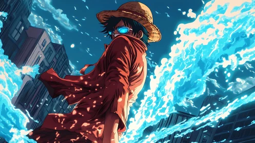 Straw hat hero commands urban torrent of cyan energy.
