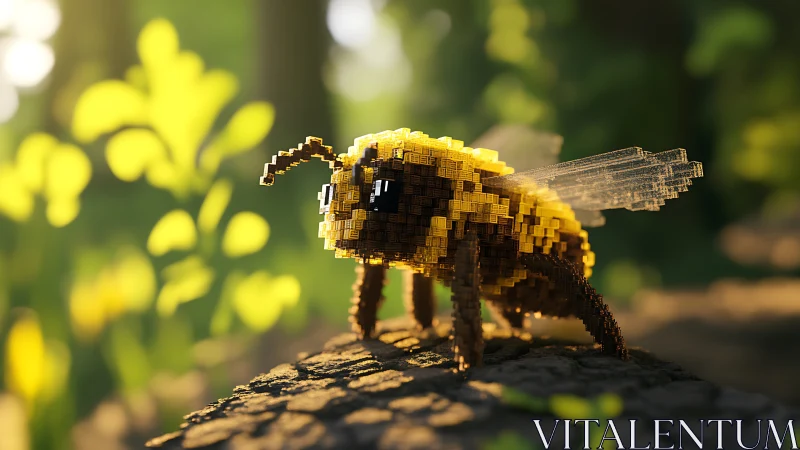 Voxel-style digital bee model on forest floor in light.