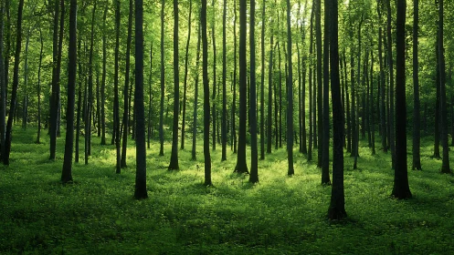 Sunlit serene forest with tall trees and lush green undergrowth.