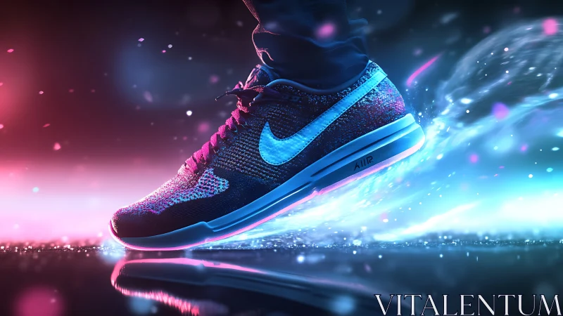 Neon running shoe glows with dynamic velocity trail.