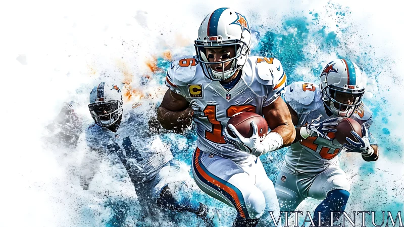 Dynamic NFL running backs rendered with particle dispersion effects