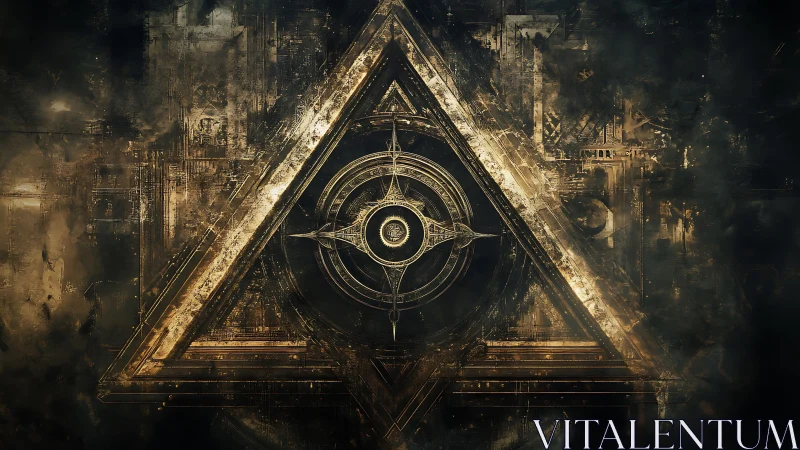 Geometric triangular emblem with central circular mechanism.